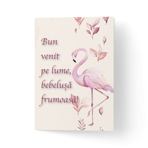 Felicitare cu flamingo pentru nou-nascut